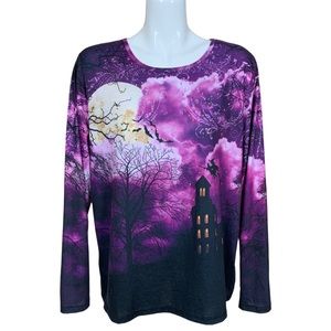 Holiday Traditions Purple Spooky Witch on a Broom Full Moon Long Sleeve Top XL